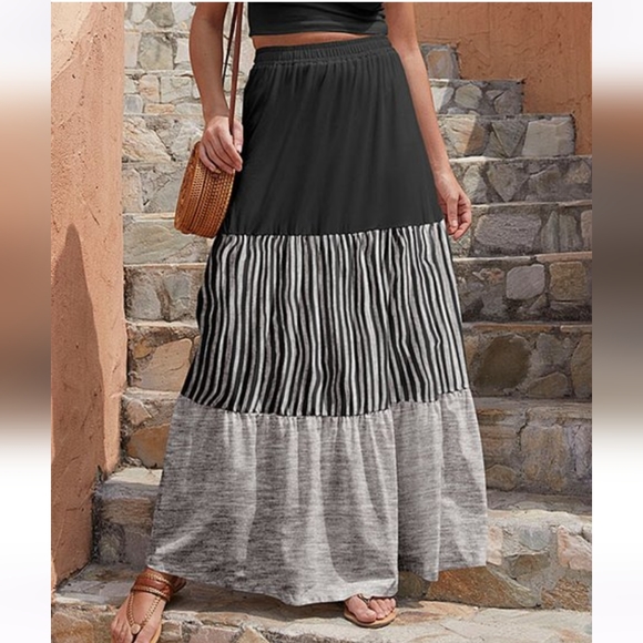 Dresses & Skirts - New Charcoal & Gray Stripe Tiered High-Waist Maxi Skirt